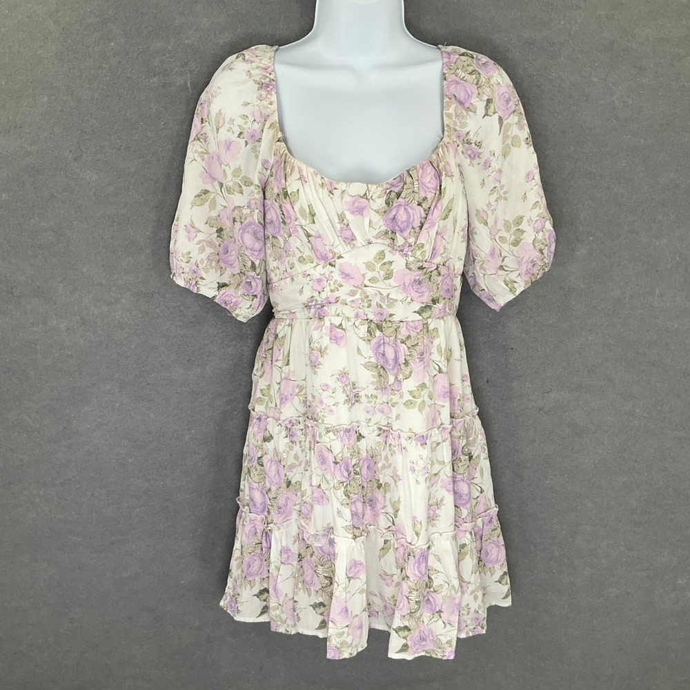 Trixxi Mini Dress Womens Sz M White Floral Babydoll Tiered Cottage Puff Sleeve